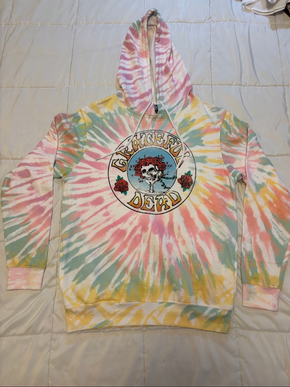 Grateful Dead Pastel Tie-Dye Crewneck Hoodie — Pink, Yellow, Green, Blue